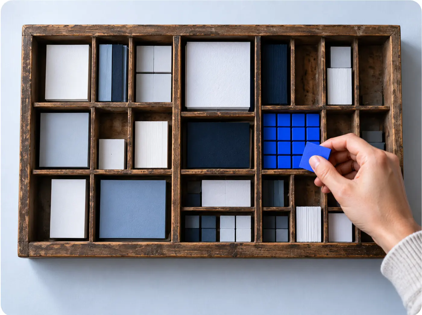 Floe's blocks as pieces in a wooden type tray