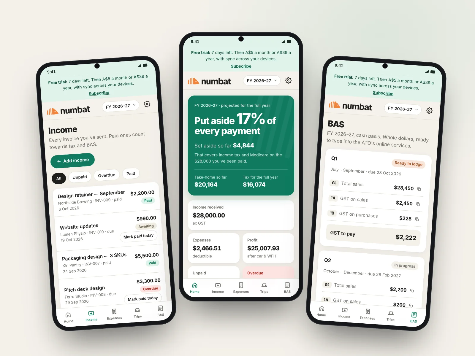 Three Android phones showing Numbat's income list, home screen and BAS figures