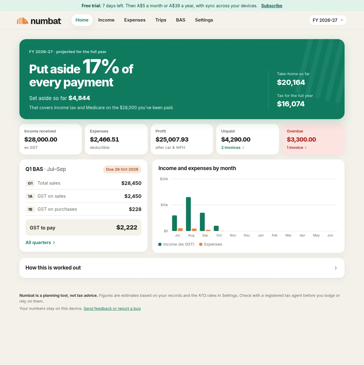 The Numbat web app's home screen with example data, scrolling from top to bottom