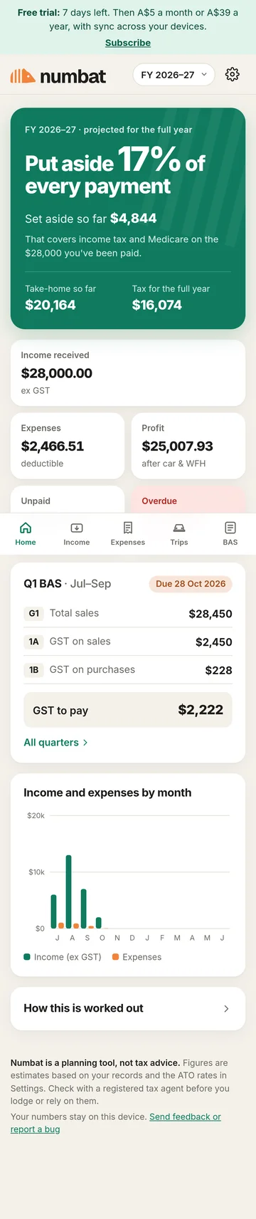 The Numbat web app on a phone, with example data