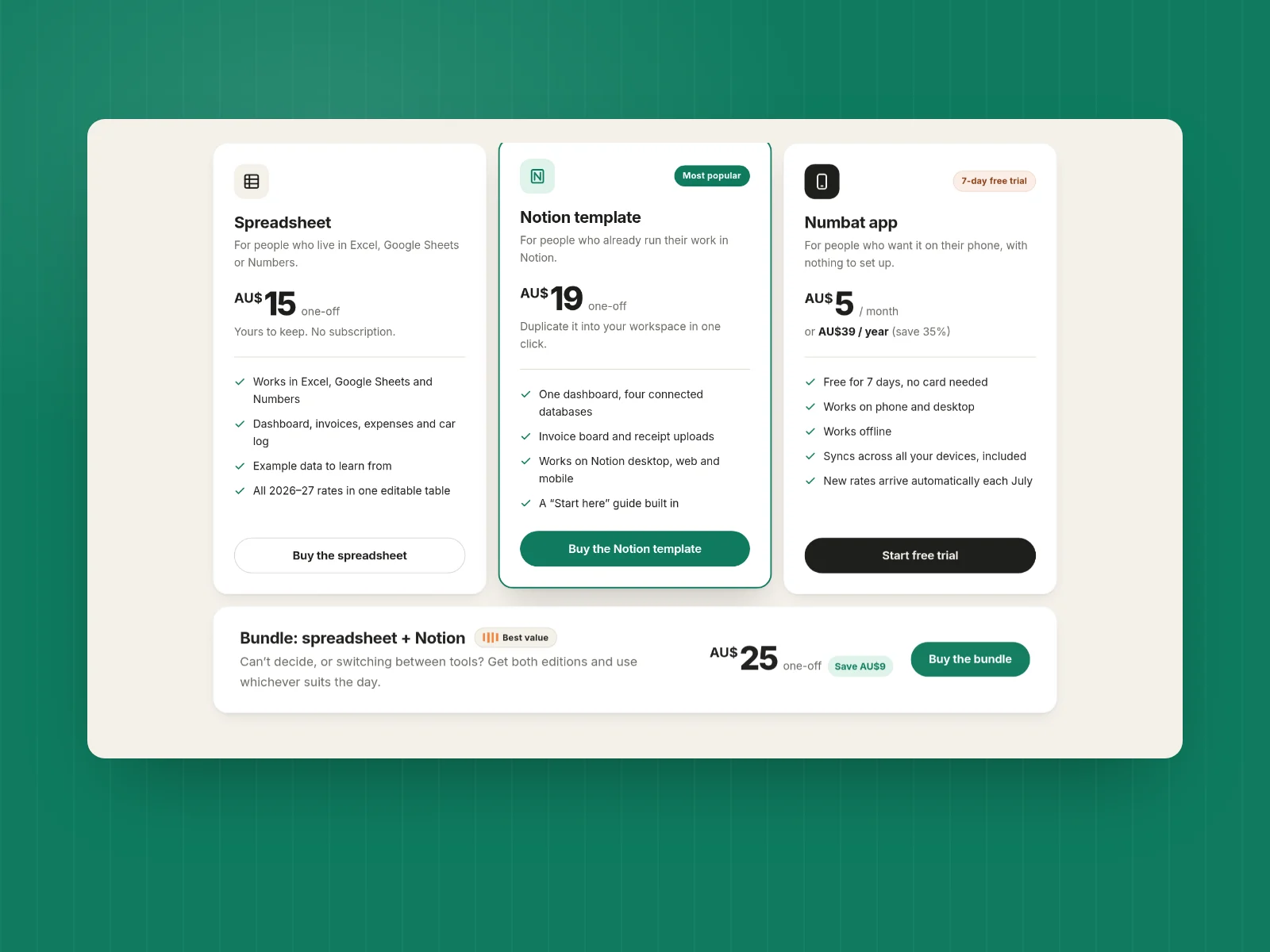 Numbat's pricing: the spreadsheet, the Notion template, the app subscription and a bundle